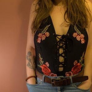 Lace-up Embroidered Backless Womens Body Suit
